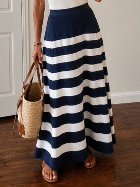 EUC STAUD Navy White Striped Flowing Viscose Knit Maxi Pull-on Skirt size L